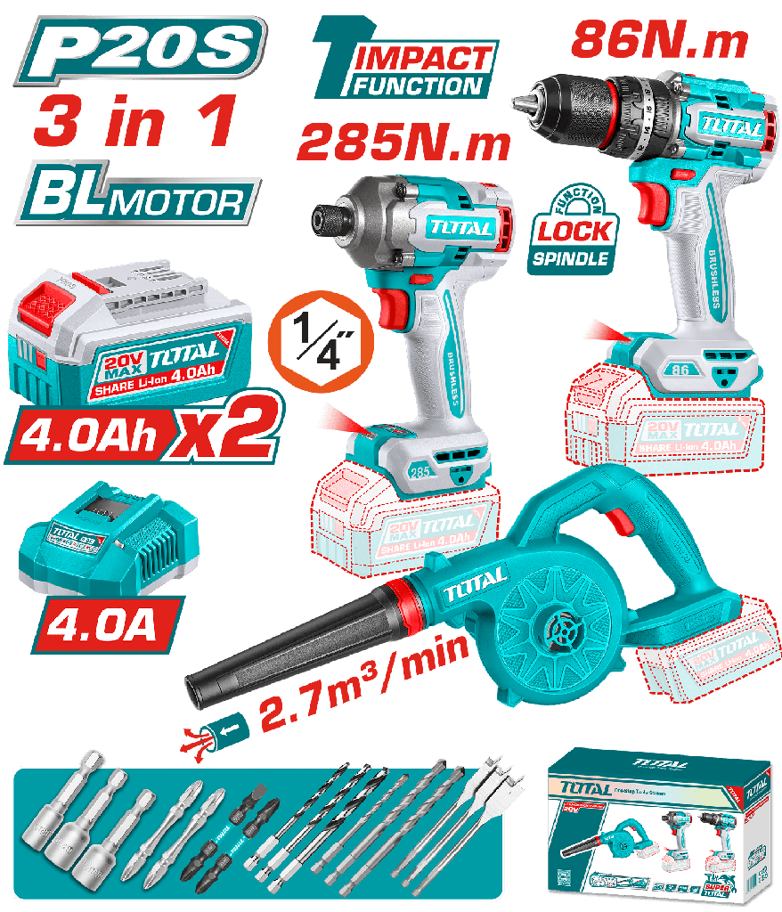 COMBO INALAMBRICO 20V TALADRO PERCUTOR ATORNILLADOR 1/2  86NM + ATORNILLADOR DE IMPACTO  1/4 285NM + SOPLADOR + 2 BATERIAS 2.0AH Y CARGADOR INCLUYE ACCESORIOS  INDUSTRIAL SUPER TOTAL(UTOSLI250883)