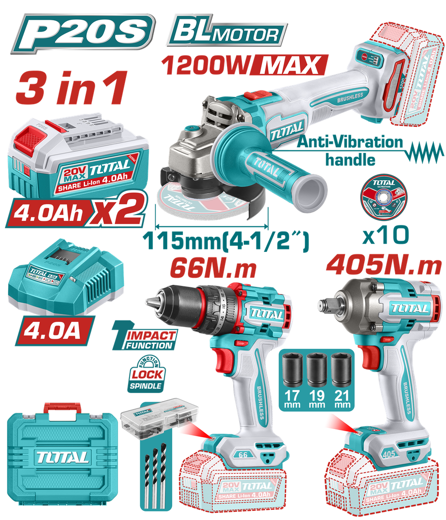 COMBO INALAMBRICO 20V PISTOLA IMPACTO INALAMBRICA 1/2" 405NM +  TALADRO DE IMPACTO 1/2" 66NM + PULIDORA  4 1/2" 1200W  + 2 BATERIAS 4.0AH + CARGADOR INCLUYE ACCESORIOS INDUSTRIAL SUPER TOTAL (UTCKLI20358)