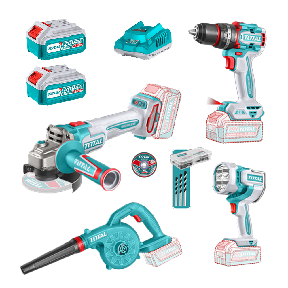 COMBO INALAMBRICO 20V TALADRO PERCUTOR ATORNILLADOR 1/2  66NM + SOPLADORA + PULIDORA  4 1/2 INDUSTRIAL 20V 1000W + LAMPARA DE TRABAJO 2000 LUMENES + 2 BATERIAS 4.0AH + CARGADOR INCLUYE ACCESORIOS INDUSTRIAL SUPER TOTAL (UTOSLI250993)