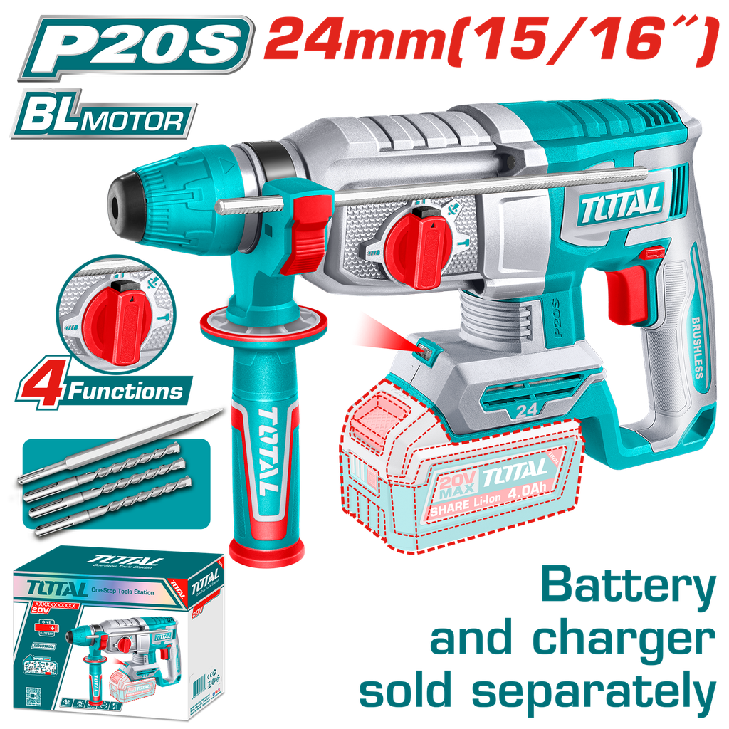 TALADRO ROTOMARTILLO 15/16" 20V 2.4 JULES SDS PLUS INCLUYE ACCESORIOS BATERIA Y CARGADOR SE VENDEN POR SEPARADO (TRHLI20248)