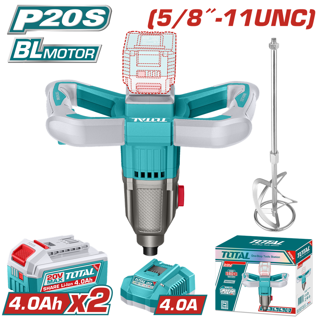 MEZCLADOR DE PINTURA  5/8"-11 20V INCLUYE BATIRDOR + 2 BATERIAS 4.0AH Y CARGADOR INDUSTRIAL SUPER TOTAL (UTMXLI20162)