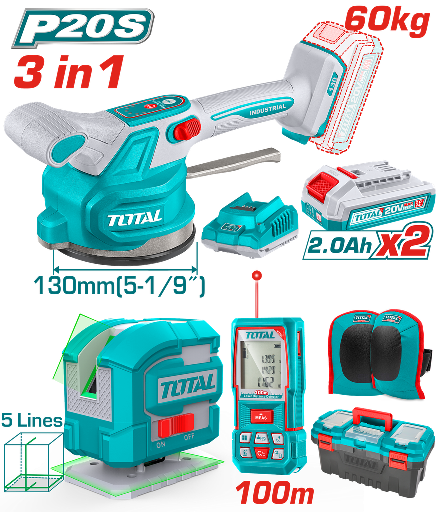 VIBRADOR DE BALDOSA INALAMBRICA 20V CON VENTOSA CAP 60KG INCLUYE 1 PAR DE RODILLERAS, METRO LASER 100M, NIVEL LASER 5 LINEAS 35M LUZ VERDE, 2 BATERISA 2.0AH , CARGADOR Y CAJA HERRAMIENTA INDUSTRIAL SUPER TOTAL (UTOSLI250606)