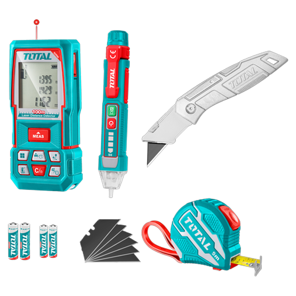 KIT PROBADOR DE CORRIENTE 12V-1000V + MEDIDOR DE DISTANCIAS LASER 100MTS  + METRO 5 MTS + BISTURI NAVAJA 19X 61MM INDUSTRIAL INCLUYE 6 HOJAS DE REPUESTO INDUSTRIAL SUPER TOTAL (TOS250701)