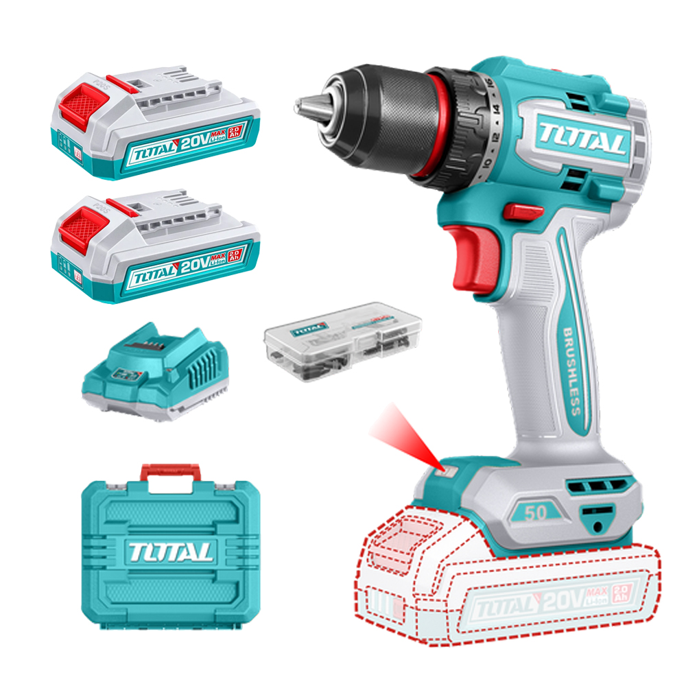 TALADRO INALAMBRICO 1/2" 50 NM 20V CAJA PLASTICA INCLUYE 2  BATERIA 2.0AH, 1 CARGADOR Y ACCESORIOS INDUSTRIAL SUPER TOTAL (UTDLI205062)