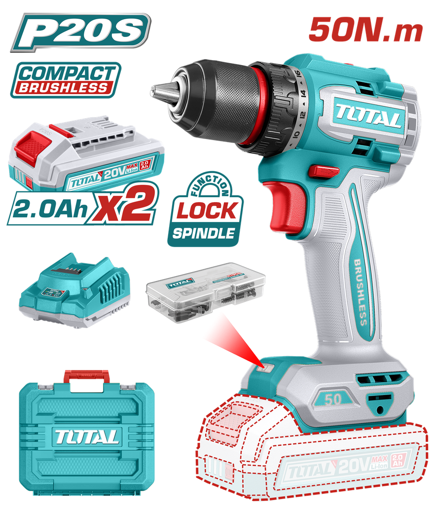 TALADRO INALAMBRICO 1/2" 50 NM 20V CAJA PLASTICA INCLUYE 2  BATERIA 2.0AH, 1 CARGADOR Y ACCESORIOS INDUSTRIAL SUPER TOTAL (UTDLI205062)