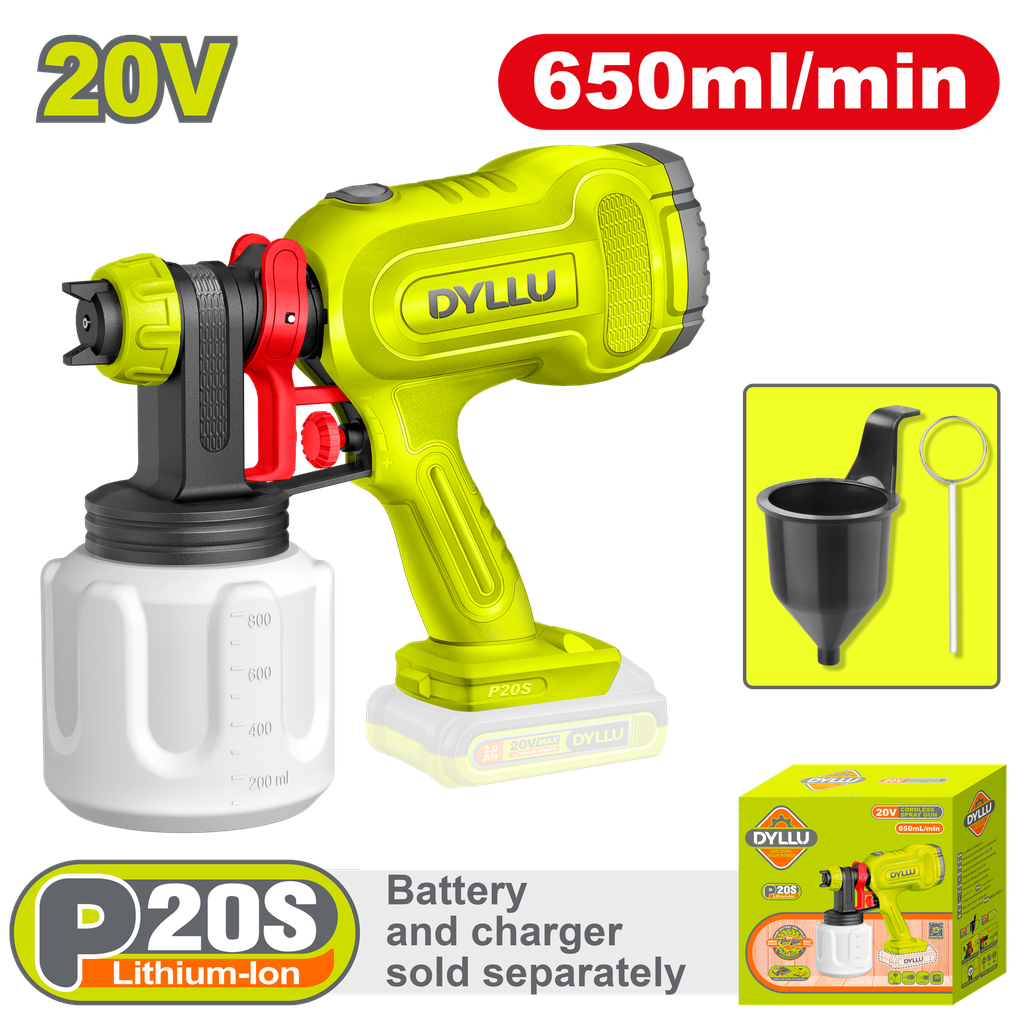 PISTOLA PINTAR INALAMBRICA 650ML 20V INCLUYE AGUJA DE LIMPIEZA Y DOS BOQUILLAS, BATERIA Y CARGADOR NO INCLUIDO DYLLU (DTSU3066)