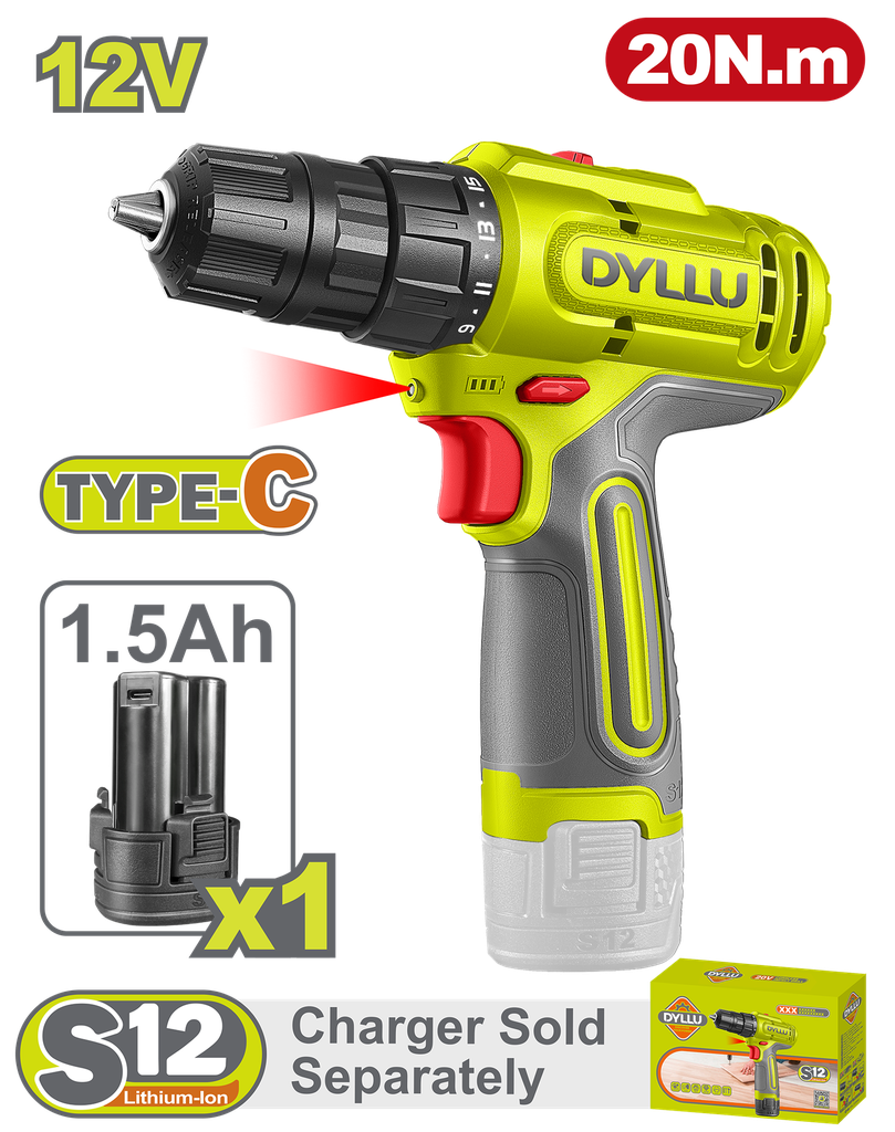 TALADRO INALAMBRICO 3/8" 12V 20NM INCLUYE 1 BATERIA 1.5 AH DYLLU (DTCDS565)