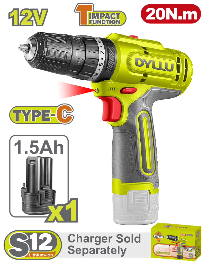 TALADRO INALAMBRICO PERCUTOR 3/8" 12V 20NM INCLUYE 1 BATERIA 1.5 AH DYLLU (DTCDS5681)