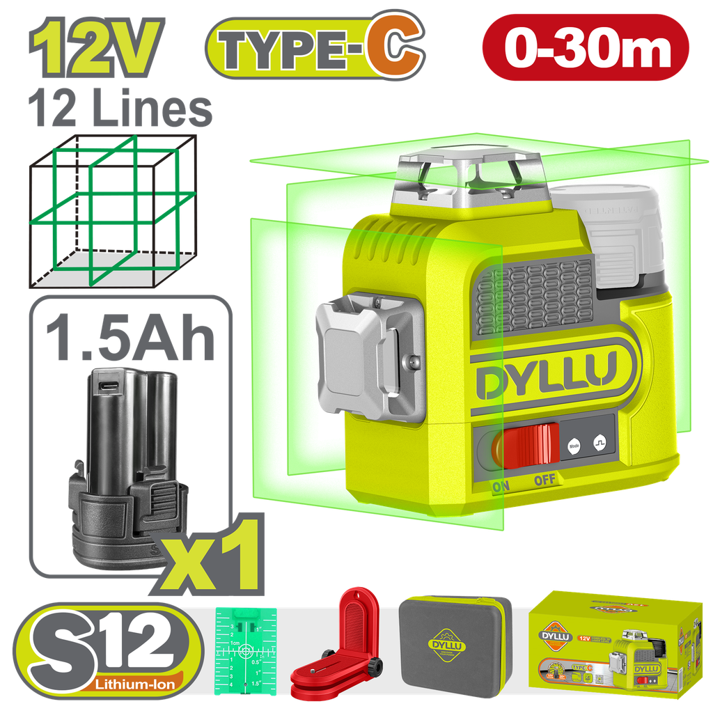 NIVEL LASER 0-30M 12V  LUZ VERDE  3D 12 LINEAS RECARGABLE TIPO  USB-C  DYLLU (DTLE8M12)