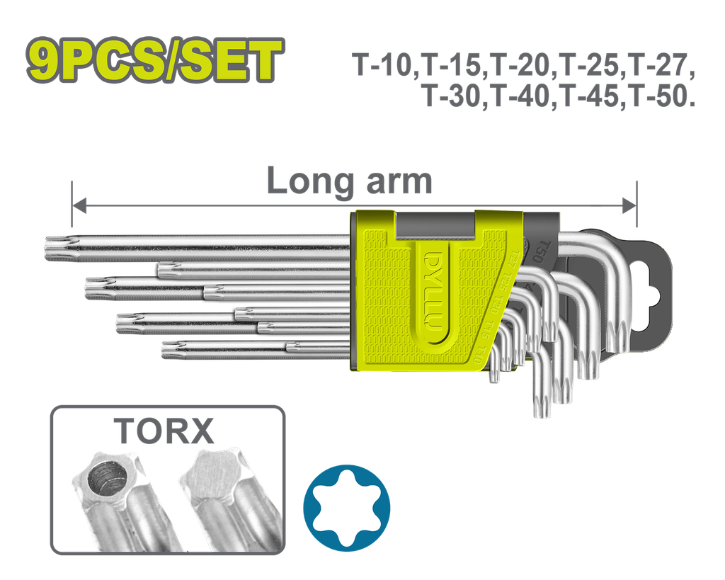 JUEGO DE LLAVE TORX X 9 PZS (T-10,T-15，T-20,T-25,T-27，T-30,T-40,T-45,T-50.) DYLLU  (DTHK3291)
