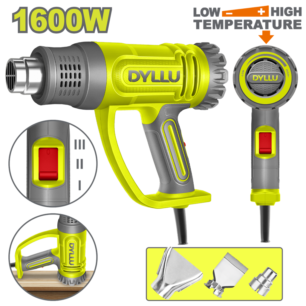 PISTOLA CALOR CON TEMPERATURA AJUSTABLE 1600W INCLUYE 3 BOQUILLAS  DYLLU (UDTHG1520)