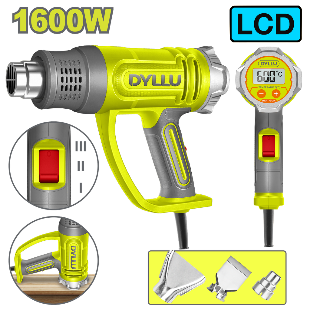 PISTOLA CALOR CON TEMPERATURA AJUSTABLE PANTALLA LCD 1600W  INCLUYE 3 BOQUILLAS  DYLLU (UDTHG1530)