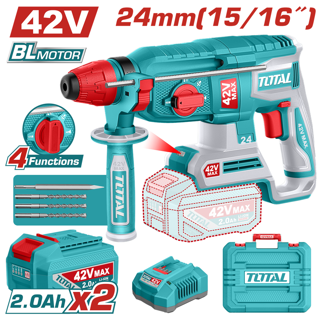 TALADRO ROTOMARTILLO 15/16"  42V SDS PLUS 2.4 JULES INCLUYE 2 BATERIA 2.0AH,1 CARGADOR Y ACCESORIOS INDUSTRIAL  SUPER TOTAL (UTRHLI422482)