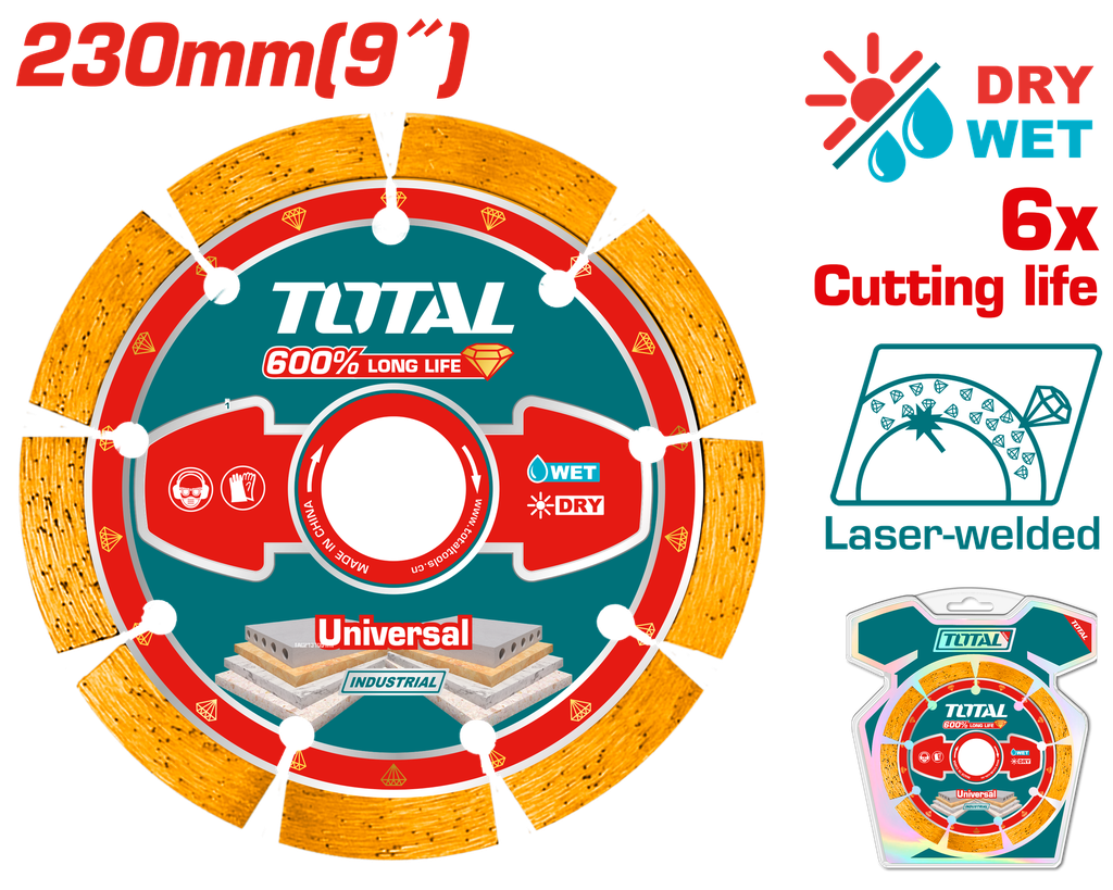 DISCO DIAMANTADO SEGMENTADO 9" UNIVERSAL CORTE EN SECO Y HUMEDO INDUSTRIAL SUPER TOTAL (TAC2172301)