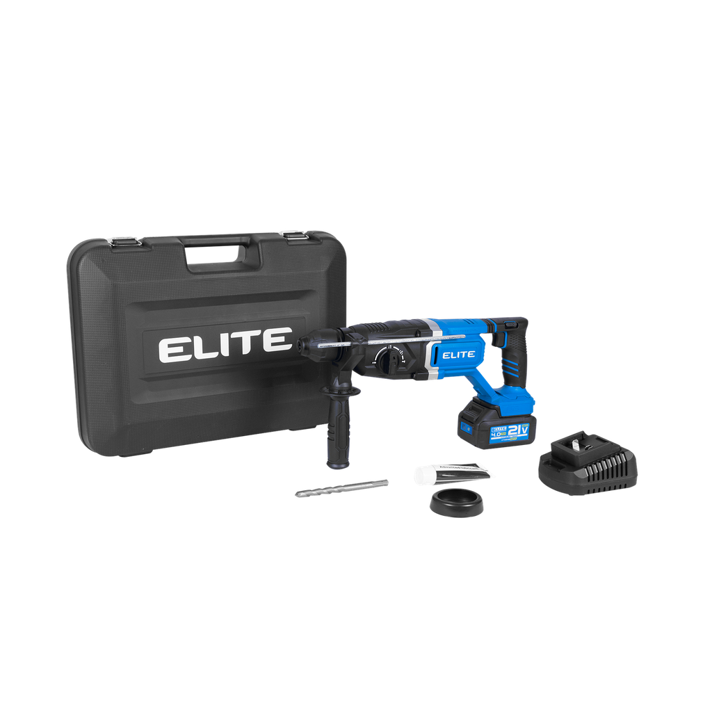 TALADRO ROTOMARTILLO 26MM ELITE SDS PLUS INALAMBRICO 21V 2.8 JULES SIN ESCOBILLAS INCLUYE BROCA BATERIA 4 A.H Y CARGADOR (XBRM2126K)