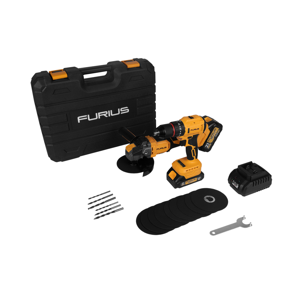 COMBO FURIUS TALADRO PERCUTOR INALAMBRICO 1/2" 21V 45NM + PULIDORA INALAMBRICA 4 1/2" 21V INCLUYE 1 BATERIA 4 A.H + 1 BATERIA 2 A.H + CARGADOR (FB212KIT)