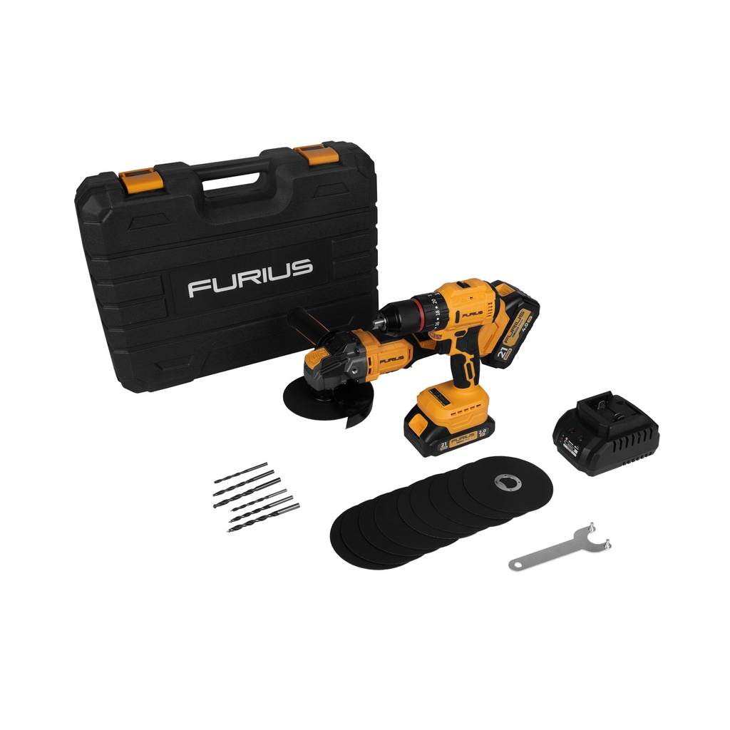 COMBO FURIUS TALADRO PERCUTOR INALAMBRICO 1/2" 21V 45NM + PULIDORA INALAMBRICA 4 1/2" 21V INCLUYE 1 BATERIA 4 A.H + 1 BATERIA 2 A.H + CARGADOR (FB212KIT)