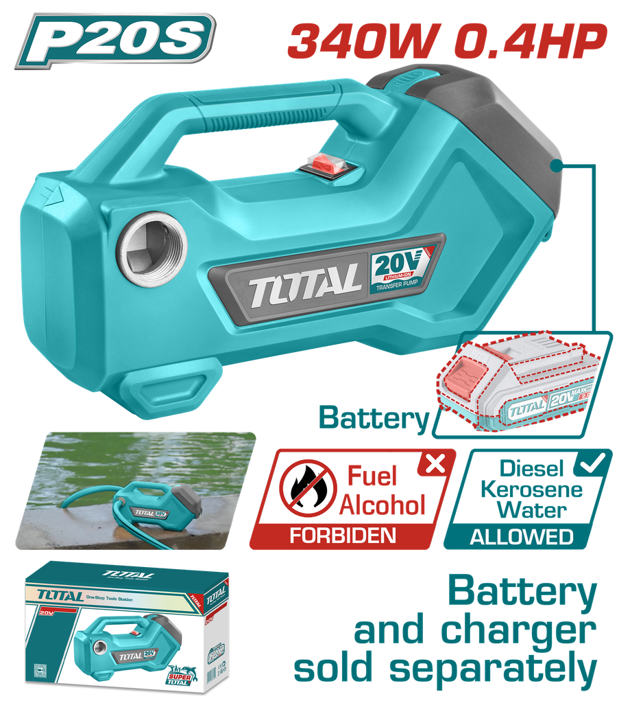 ELECTROBOMBA INALAMBRICA 20V 0.4HP 340W 48L/MIN  3/4'' BATERIA Y CARGADOR SE VENDEN POR SEPARADO  SUPER TOTAL (TTPLI2001)