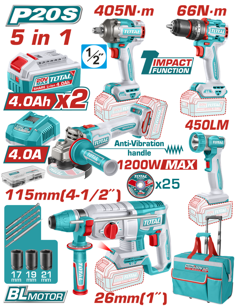 COMBO INALAMBRICO 20V TALADRO ROTOMARTILLO 1"  SDS PLUS 2,5 JULES + PISTOLA IMPACTO INALAMBRICA 1/2" 405NM +  TALADRO DE IMPACTO 1/2" 96NM + PULIDORA  4 1/2" 1200W  + LINTERNA INALAMBRICA 450 LUMENES  + 2 BATERIAS 4.0AH + CARGADOR INCLUYE ACCESORIOS INDUSTRIAL SUPER TOTAL (UTCKLI20595)