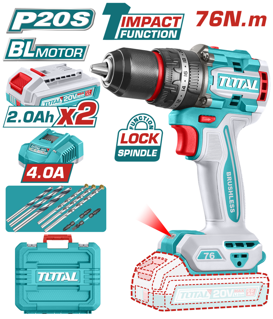 TALADRO INALAMBRICO  PERCUTOR 1/2 20V 76 N.M INCLUYE 2 BATERIA DE 2.0AH, CARGADOR  Y ACCESORIOSINDUSTRIAL SUPER TOTAL (UTIDLI207686)