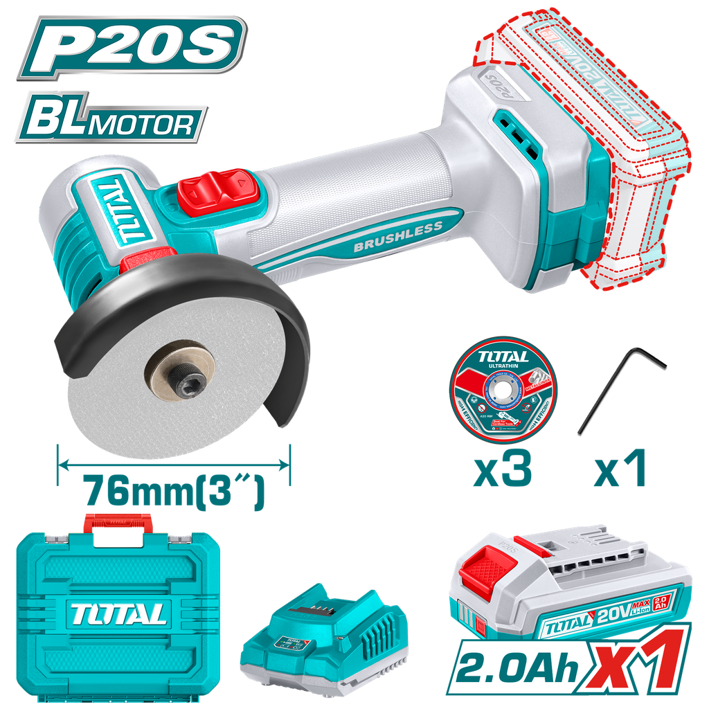 MINI PULIDORA 3" INALAMBRICA 20V INCLUYE 3 DISCOS + 1 BATERIA 2.0AH Y CARGADOR INDUSTRIAL SUPER TOTAL (UTAGLI207625)