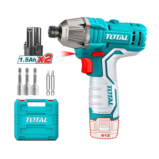 [20557] ATORNILLADOR DE IMPACTO INALAMBRICO 1/4 12V 100NM  INCLUYE 2 BATERIAS, 2 PUNTA TALADRO Y 3 COPAS  CAJA PLASTICA SUPER TOTAL (TIRLI12015)