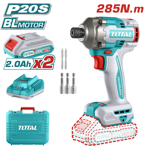 [20406] ATORNILLADOR DE IMPACTO INALAMBRICO 1/4 20V INCLUYE 2 BATERIAS, CARGADOR Y 5 ACCESORIOS CAJA PLASTICA INDUSTRIAL SUPER TOTAL  (UTIRLI2028)