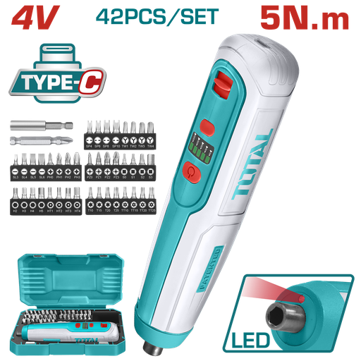 [20302] ATORNILLADOR INALAMBRICO 4V CAJA PLASTICA 42PZS  SUPER TOTAL (TSDLI0406)