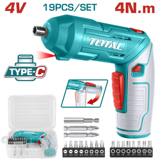 [20301] ATORNILLADOR INALAMBRICO 4V ESTUCHE PLASTICO + 16 PUNTAS TALADRO DE 25MM, 2 DE 50MM SUPER  TOTAL (TSDLI0442)