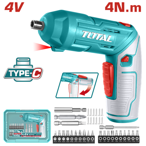 [20757] ATORNILLADOR INALAMBRICO 4V ESTUCHE PLASTICO + 20 PUNTAS TALADRO DE 25MM, 2 DE 50MM, 1 BROCA Y CONECTOR SUPER  TOTAL (TSDLI04425)