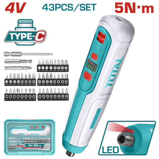 [20758] ATORNILLADOR INALAMBRICO 4V, 5N.M CAJA PLASTICA 43PZS  SUPER TOTAL (TSDLI04062)