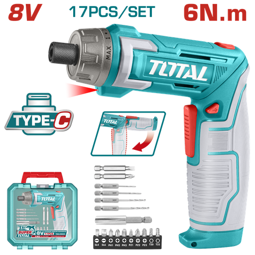 [20759] ATORNILLADOR INALAMBRICO 8V, 6N.M ESTUCHE PLASTICO + 17 PIEZAS  TOTAL (TSDLI08025)