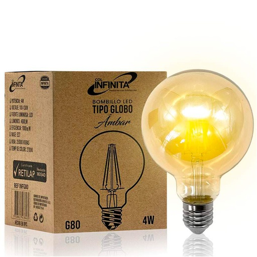 [16697] BOMBILLO LED VINTAGE T-GLOBO AMBAR 4W (80MM) (INFG80)