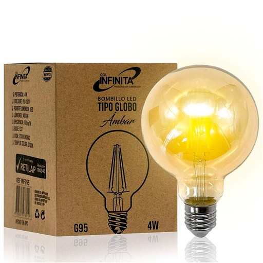 [16698] BOMBILLO LED VINTAGE T-GLOBO AMBAR 4W (95MM) (INFG95)