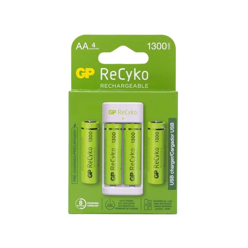 [16225] CARGADOR PILA RECARGABLE GP USB CON 4 PILAS E211(4 PILAS AA 1300MAH)(GPPBE211130AAHC-2LAB)