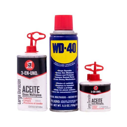 [6229] COMBO 3 EN 1 + WD 40 (12 ACEITE 30 ML + 12 ACEITE 90 ML + GRATIS  1 WD 40- 5.5 ONZ)