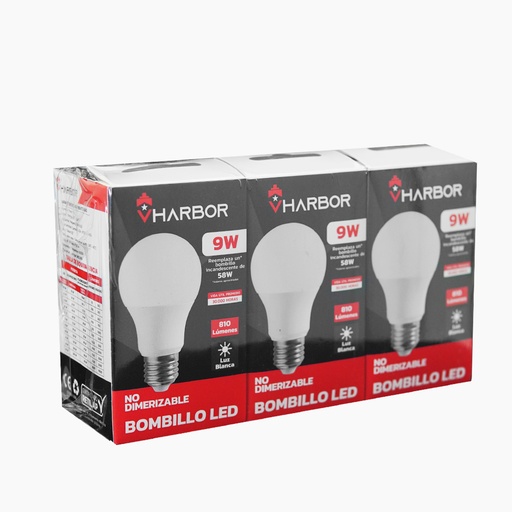 [19958] COMBO BOMBILLO LED 9W X 3 VHARBOR LUZ DIA E27 (6500K)(A60)(HT2233)