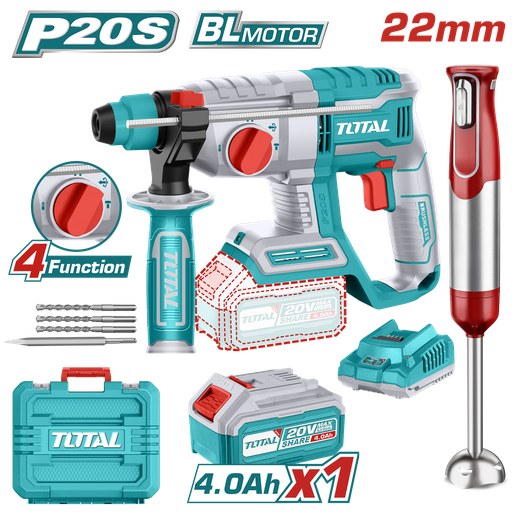 [20381] COMBO DE TALADRO ROTOMARTILLO INALAMBRICO SDS PLUS  20V INCLUYE 1 BATERIA, 1 CARGADOR,3 BROCAS 1 CINCEL TOTAL  Y BATIDORA DE MANO DECAKILA (UTOSLI240208)