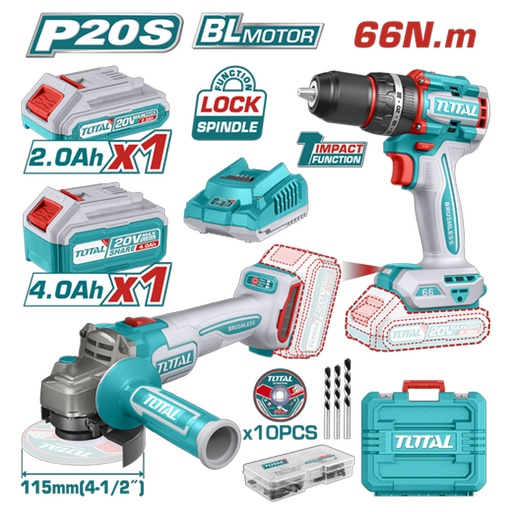[21006] COMBO INALAMBRICO  TALADRO 1/2" 20V 66NM + PULIDORA 4 1/2" INCLUYE 1 BATERIA 20V(2.0AH), 1 BATERIA 20V(4.0AH),CARGADOR 20V, 10 DISCOS DE CORTE Y ACCESORIOS TOTAL (UTCKLI20273)