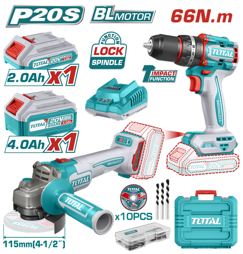 [21006] COMBO INALAMBRICO  TALADRO 1/2" 20V 66NM + PULIDORA 4 1/2" INCLUYE 1 BATERIA 20V(2.0AH), 1 BATERIA 20V(4.0AH),CARGADOR 20V, 10 DISCOS DE CORTE Y ACCESORIOS TOTAL (UTCKLI20273)