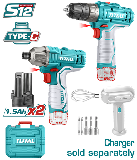 [20756] COMBO INALAMBRICO ATORNILLADOR DE IMPACTO  + TALADRO 3/8"  INCLUYE 6 ACCESORIOS  + DOS BATERIAS 1.5AH + BATIDORA CARGADOR SE VENDE POR SEPARADO TOTAL (TOSLI240205)
