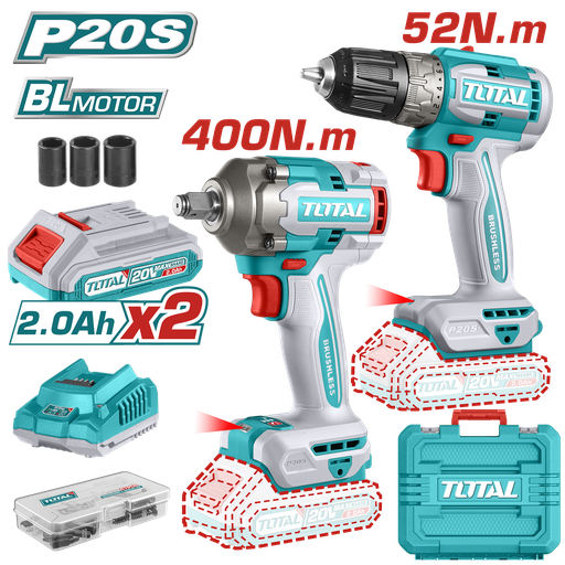 [20936] COMBO INALAMBRICO TALADRO 3/8" 52 N.M + LLAVE DE IMPACTO 1/2" 20V 400 N.M  INCLUYE 2 BATERIA, 1 CARGADOR Y ACCESORIOS TOTAL (UTCKLI20271)