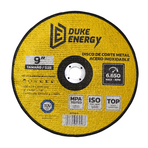 [13972] DISCO 9" CORTE METAL ACERO INOX 2 EN 1 DUKE ENERGY TECNOLOGIA ALEMANA (230X1.9X22.23MM) (HT1414)