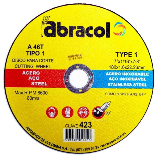 [6226] DISCO ABRACOL AMARILLO CORTE METAL 7 (DT1 180X16X2223MM) (423) (ABD2A0046074)