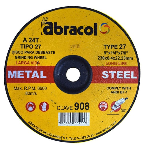 [13722] DISCO ABRACOL P/M 9 X 1/4 X 7/8 (DT27 230X6,4X22,23MM) (CLAVE 908) (ABD7A0024096)