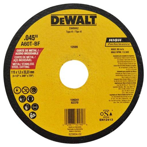 [4708] DISCO DEWALT CORTE METAL/ACERO INOX 4/12 PLANO AMARILLO ALEMAN (DW8062)