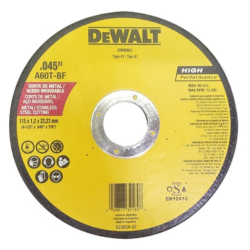 [4708A] DISCO DEWALT CORTE METAL/ACERO INOX 4/12PLANO AMARILLO ARGENTINO (DW8062:C)