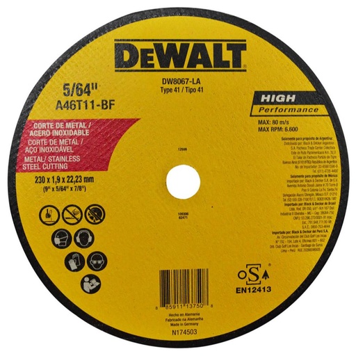 [7545] DISCO DEWALT CORTE METAL/ACERO INOX 9 PLANA AMARILLO (DW8067LA)