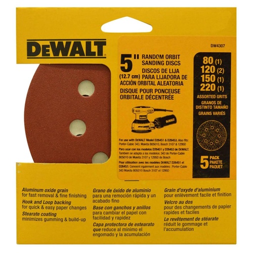 [11388] DISCO VELCRO DEWALT X5 - 5  ROJO GRANO SURTIDO 80(1)-120(2)-150(1)-220(1) (DW4307)