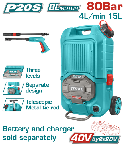 [16783] HIDROLAVADORA PORTATIL 40V 1160PSI INDUSTRIAL NO INCLUYE BATERIA NI CARGADOR TOTAL (TPWLI4006)